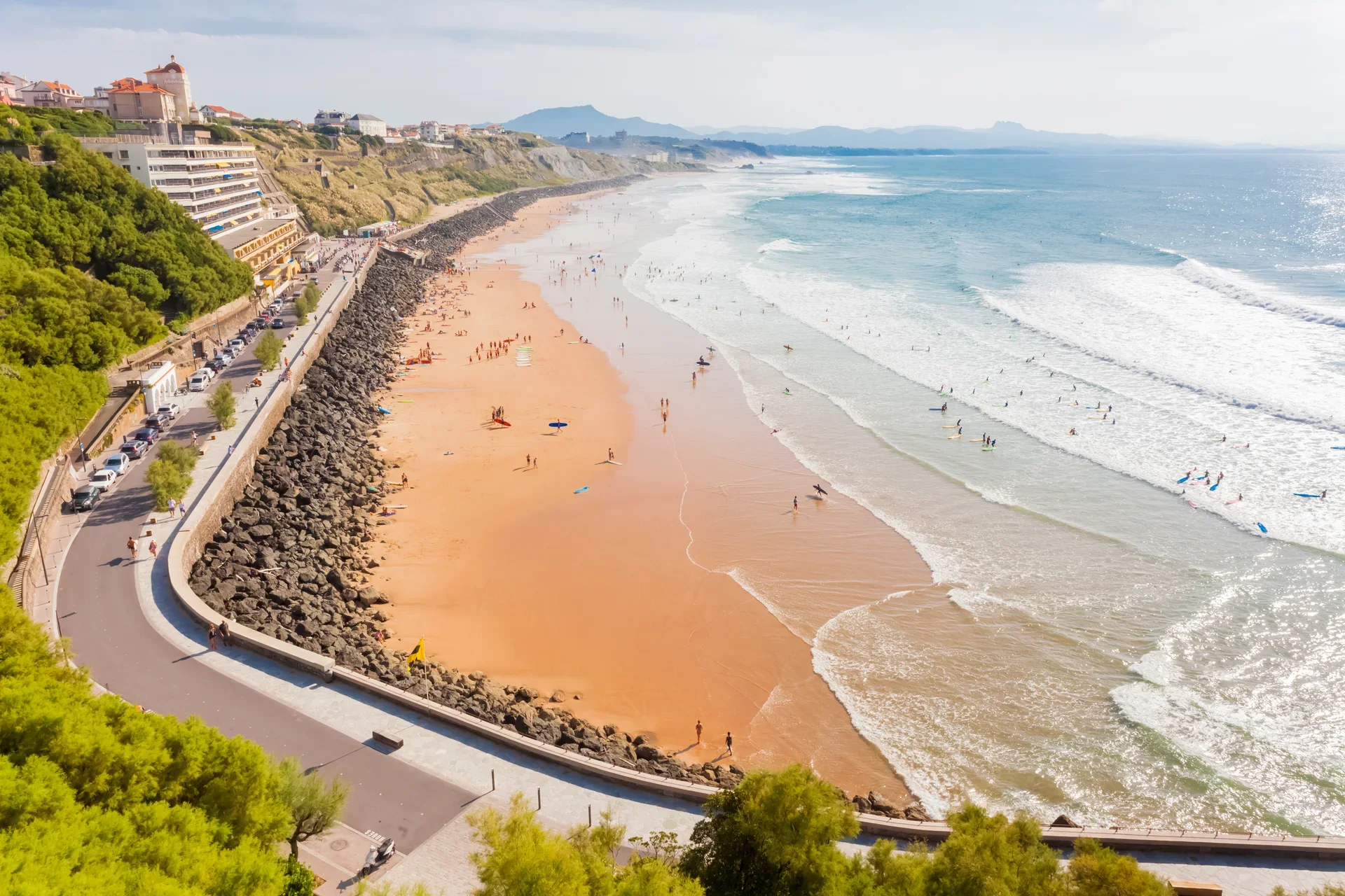 Aerial view of Cote des Basques beach and surf lines in Biarritz, France