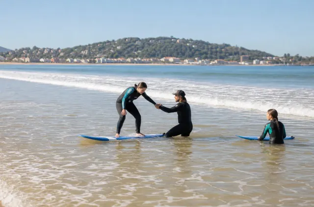 Instructor helping a beginner stand up in gentle white water at Hendaye Grande Plage.