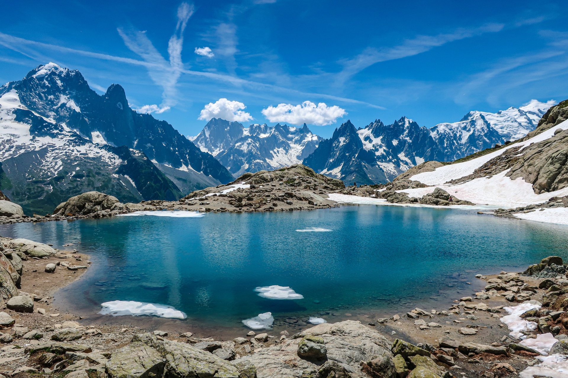Alpine lake beneath snow-covered peaks in Chamonix