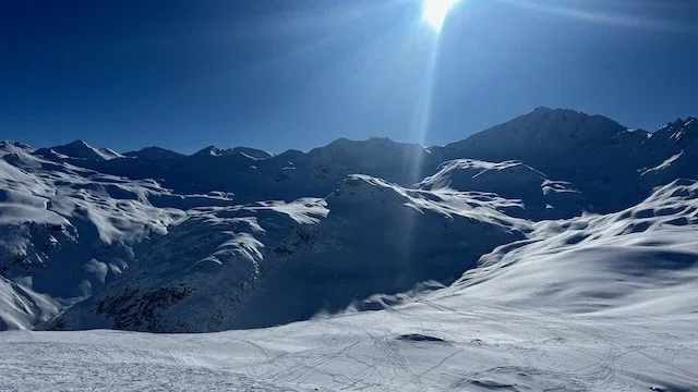 Snow-covered freeride terrain and mountain ridges in Tignes, France