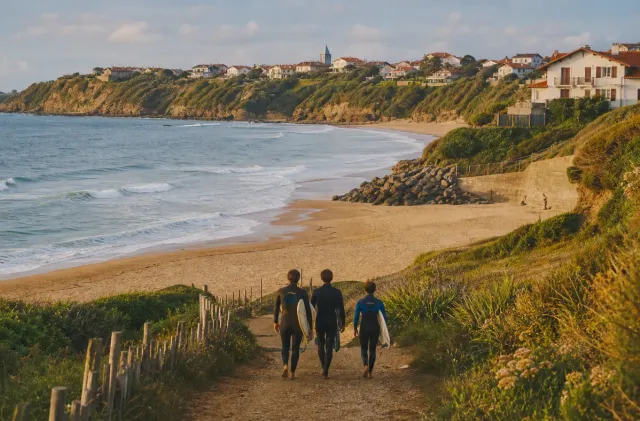 Surfers walking down toward a Bidart beach below coastal cliffs and village rooftops.