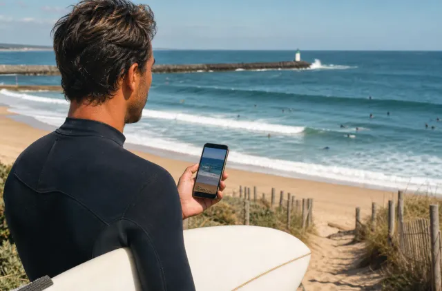 Surfer checking Capbreton wave conditions on a phone above Santocha beach.