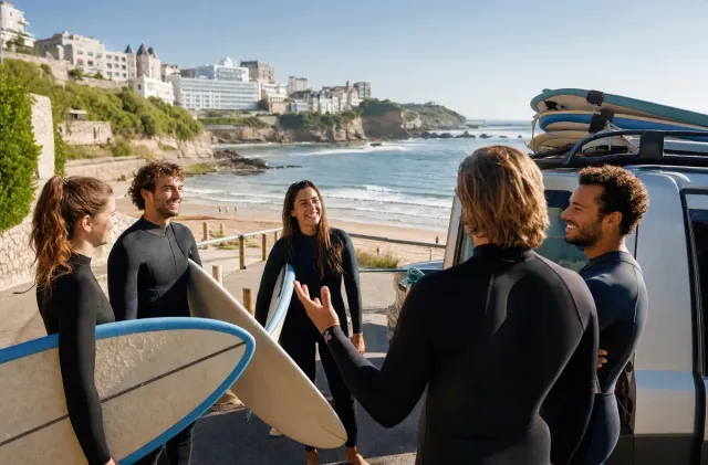 A small surf school group with boards near a Biarritz beach meeting point.