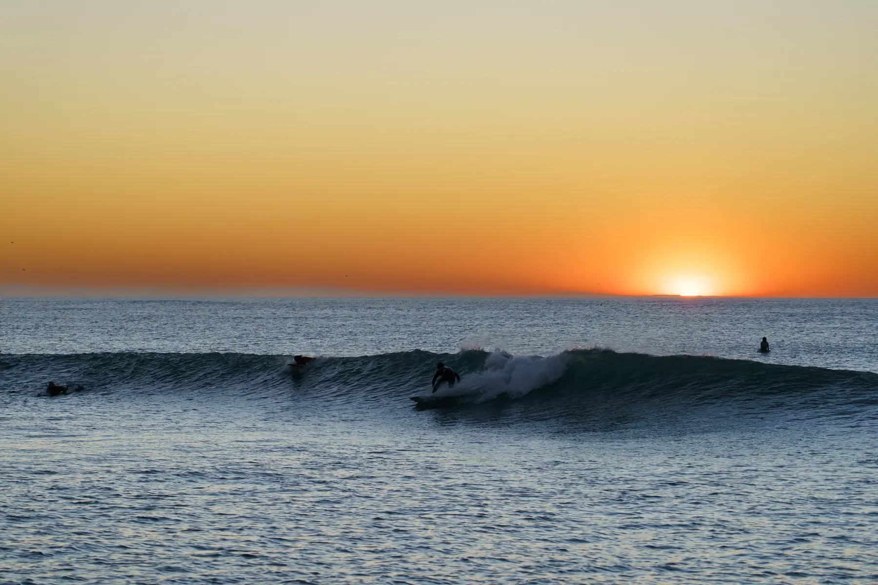 Surfer riding a sunset wave at Santocha beach in Capbreton, France