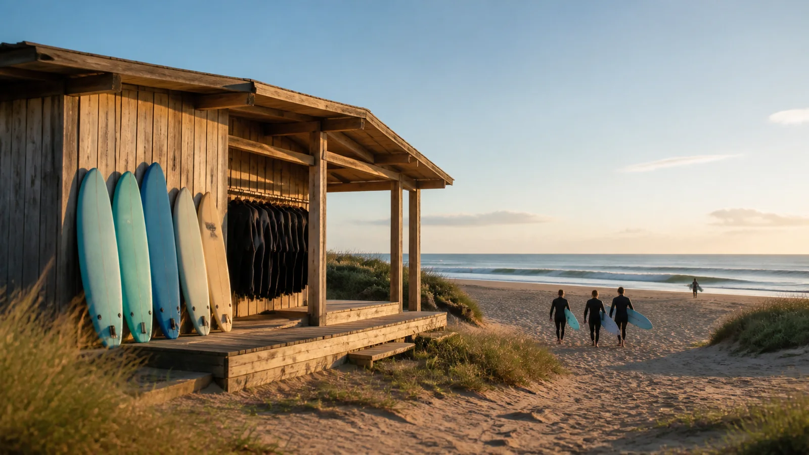 Wooden surf school cabane with beginner boards and wetsuits on an Atlantic beach.